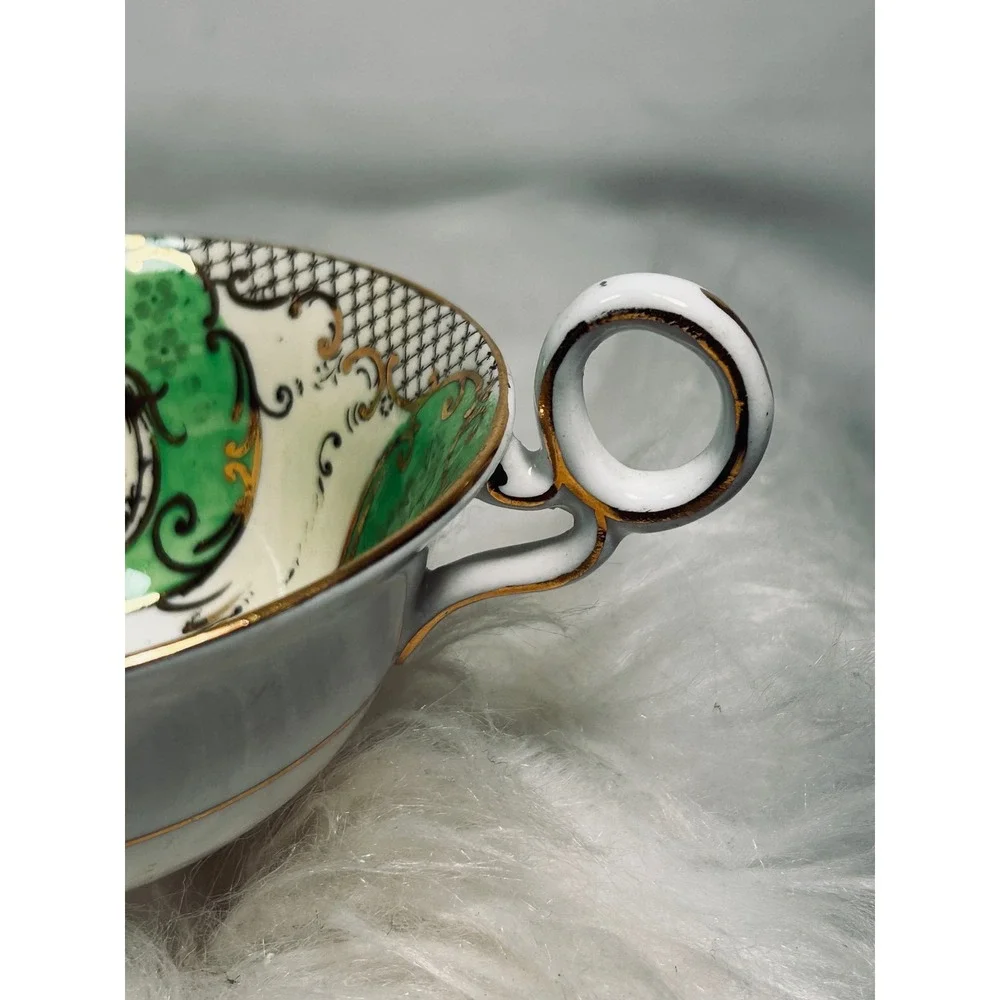 Regent Bone China Fenton England Teacup Saucer Green Gold Floral 4865 Vintage‎